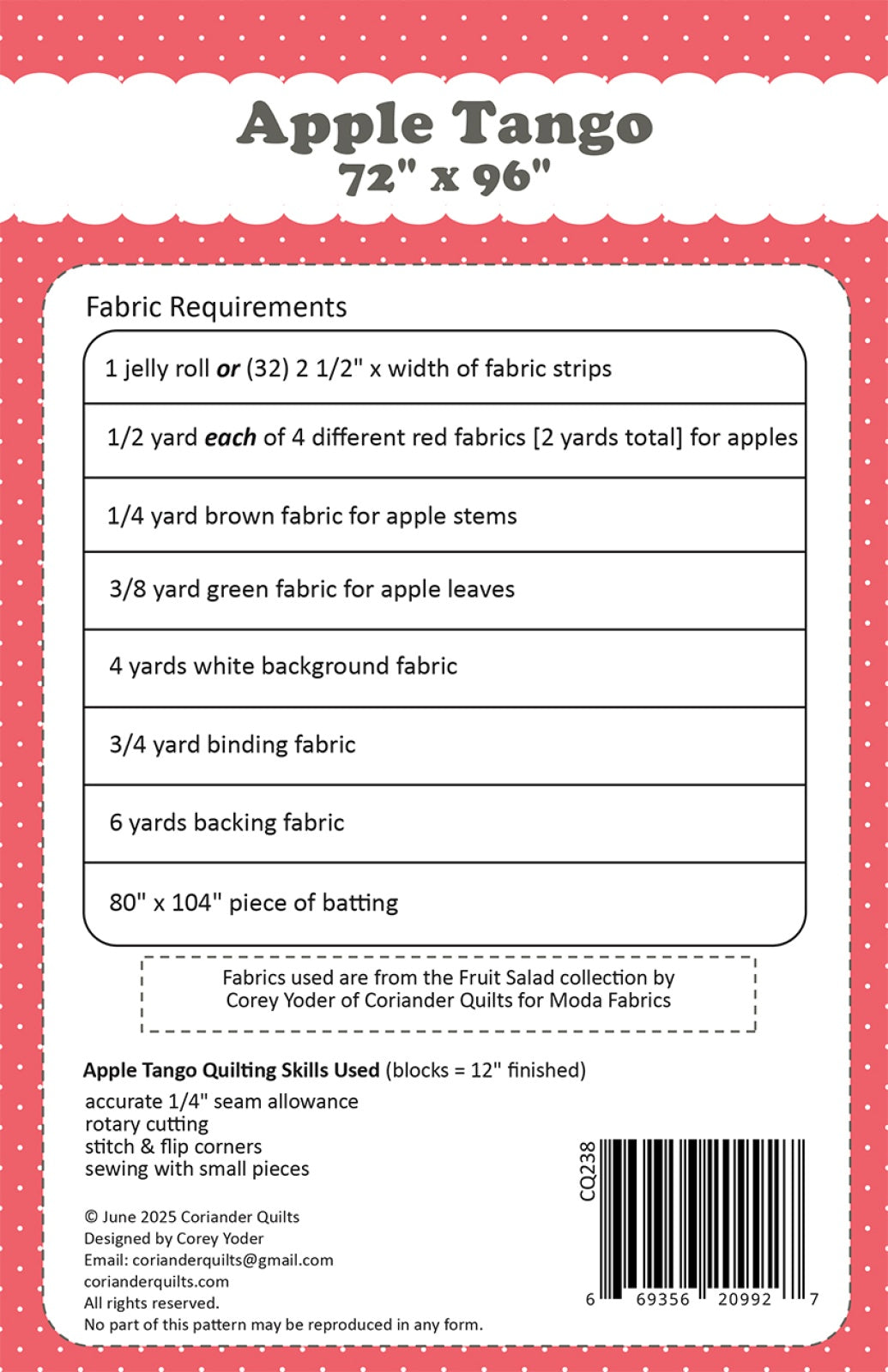 Back of the Apple Tango Quilt Pattern by Coriander Quilts