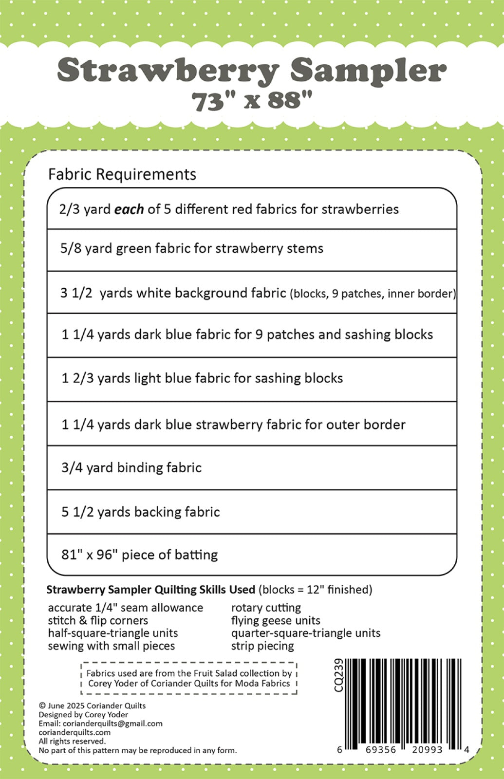Back of the Strawberry Sampler Quilt Pattern by Coriander Quilts