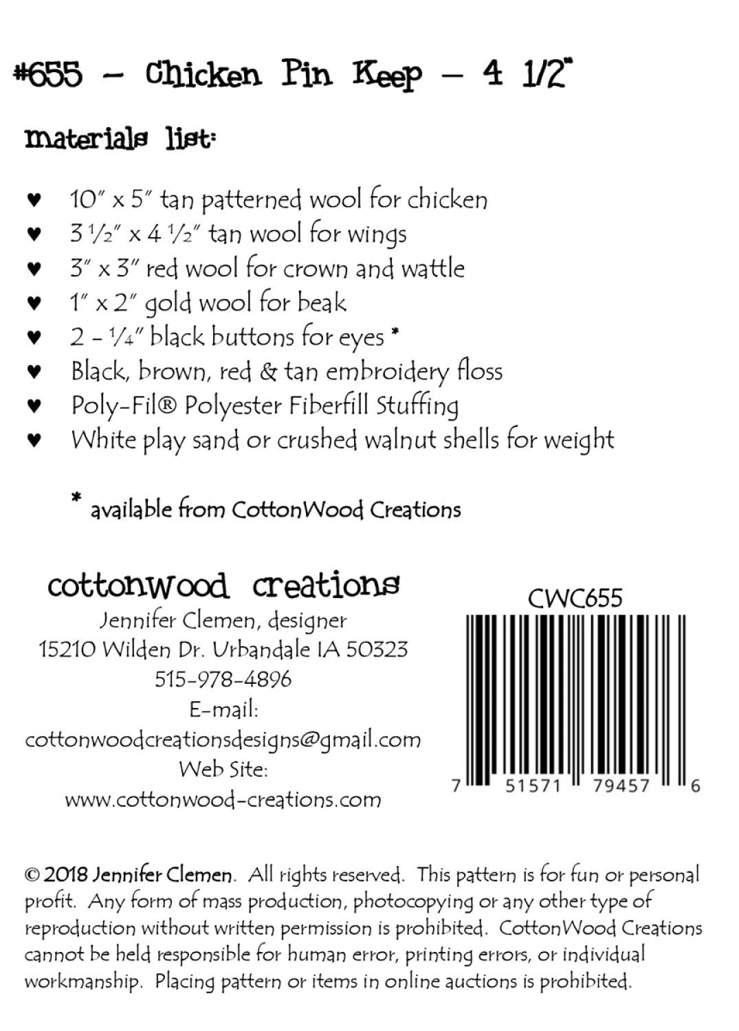 Back of the Chicken Pin Keep by Cottonwood Creations