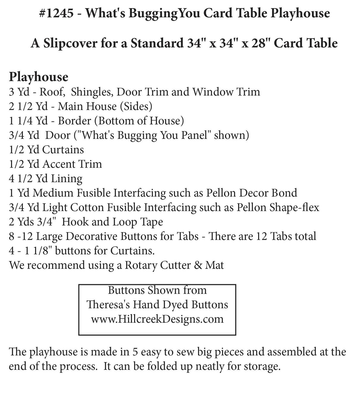 Whats Bugging You Card Table Playhouse Pattern Fabric Requirements