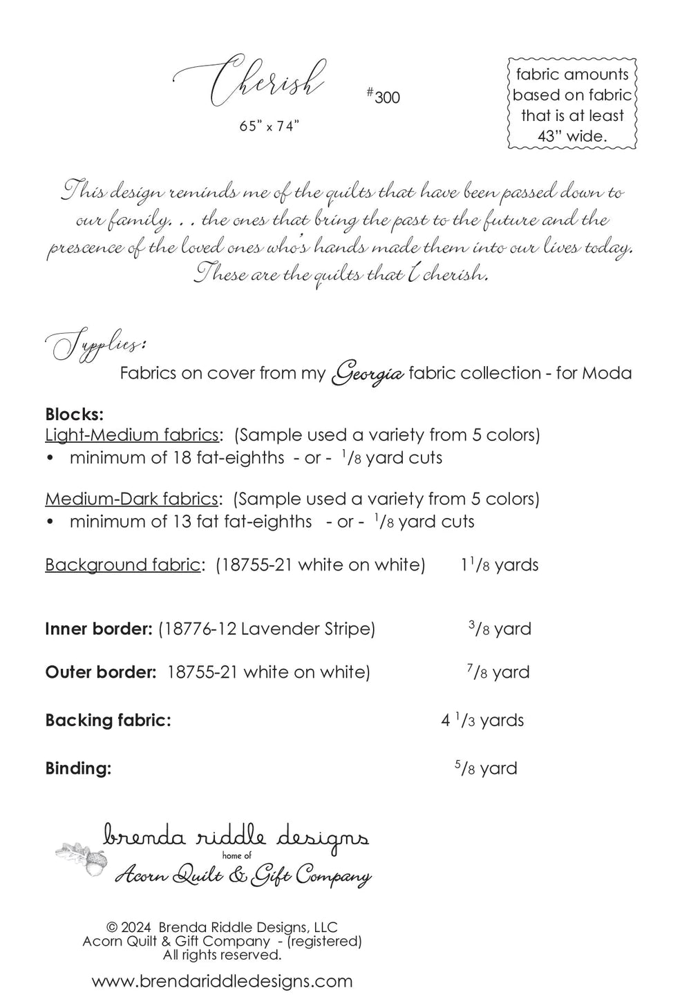 Back of the Cherish Quilt Pattern by Brenda Riddle Designs