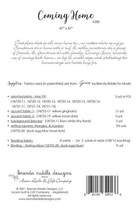 Back of the Coming Home Quilt Pattern by Brenda Riddle Designs