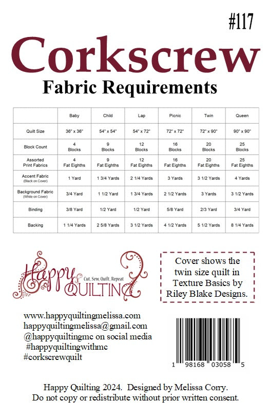 Back of the Corkscrew Quilt Pattern by Happy Quilting Melissa Corry