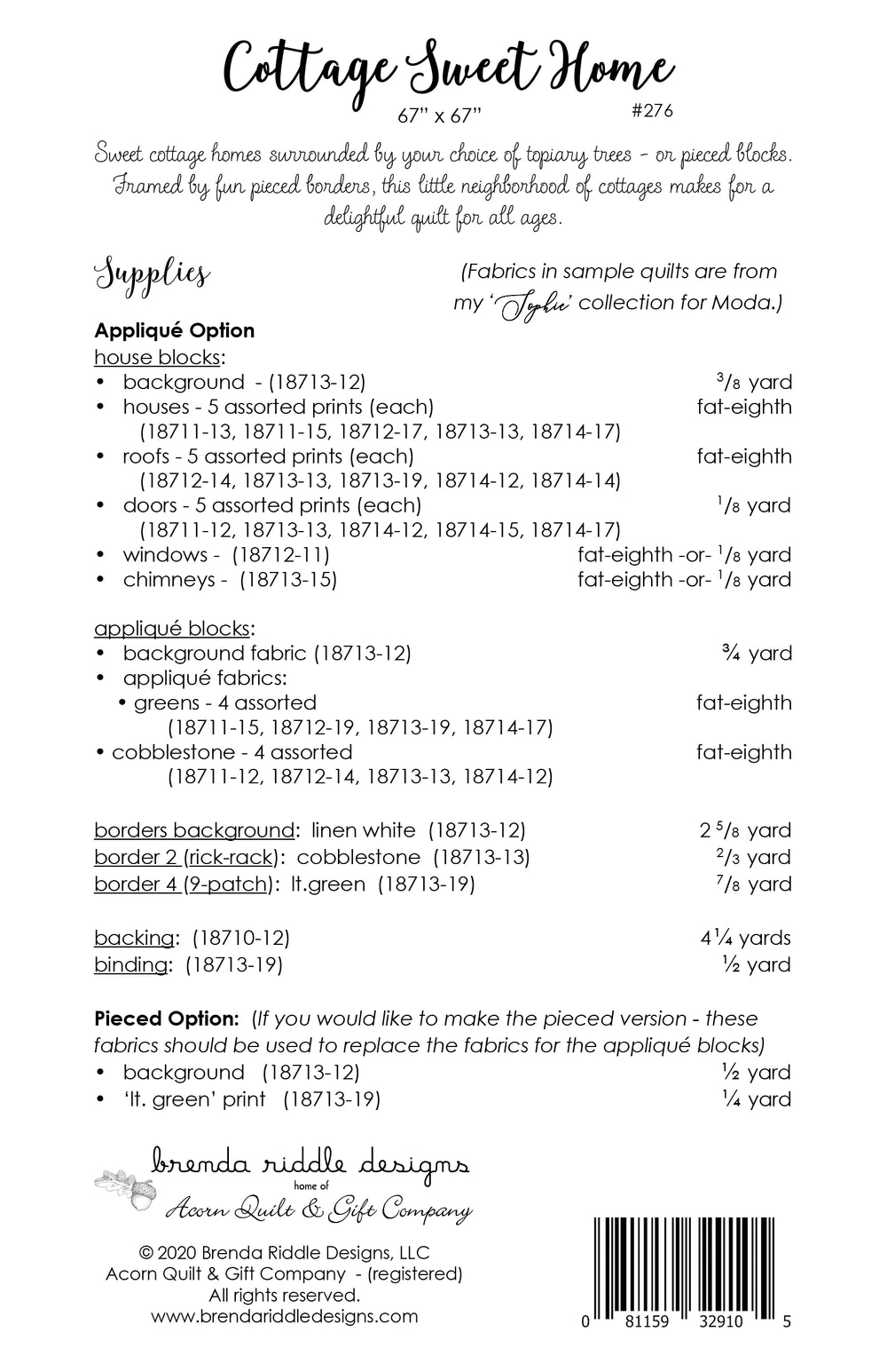 Back of the Cottage Sweet Home Quilt Pattern by Brenda Riddle Designs
