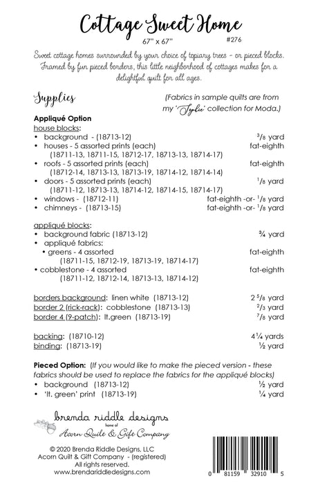 Back of the Cottage Sweet Home Quilt Pattern by Brenda Riddle Designs