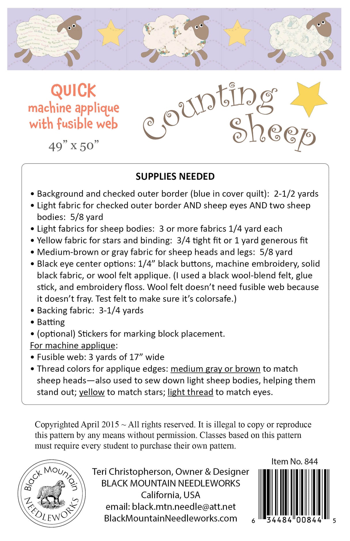 Back fo the Counting Sheep Downloadable Pattern by Black Mountain Needleworks