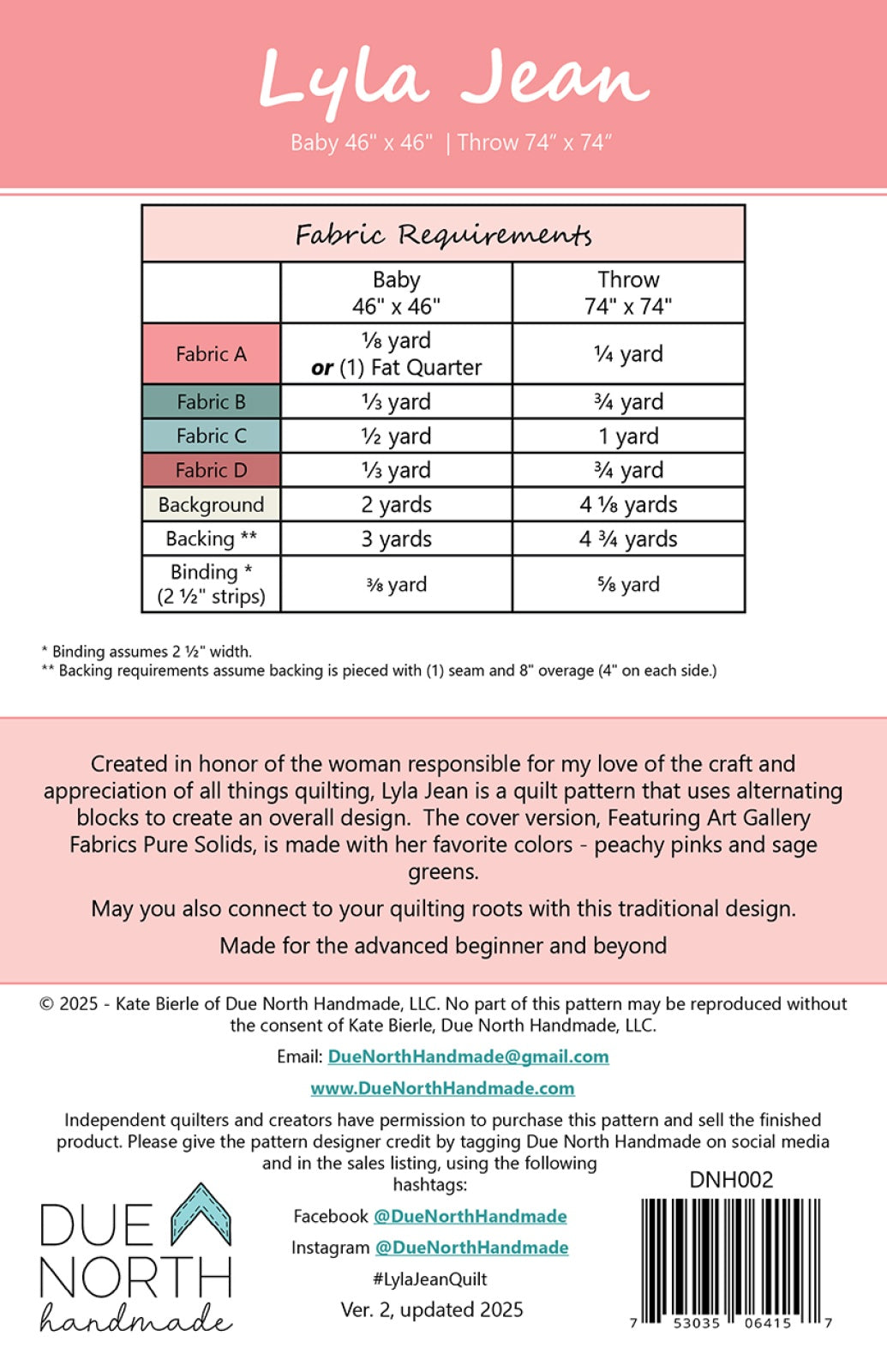 Back of the Lyla Jean Quilt Pattern by Due North Handmade LLC