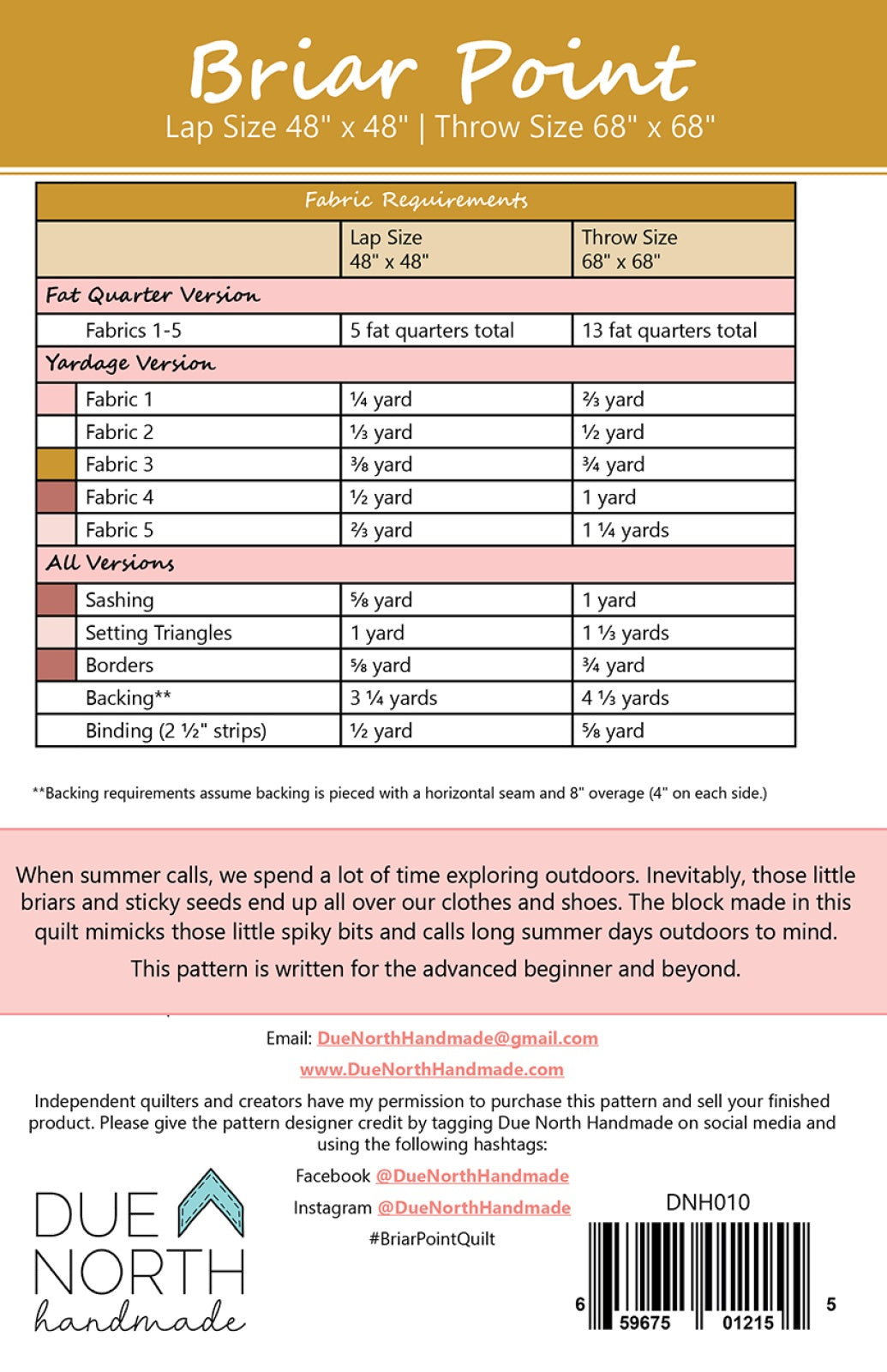 Back of the Briar Point Quilt Pattern by Due North Handmade LLC