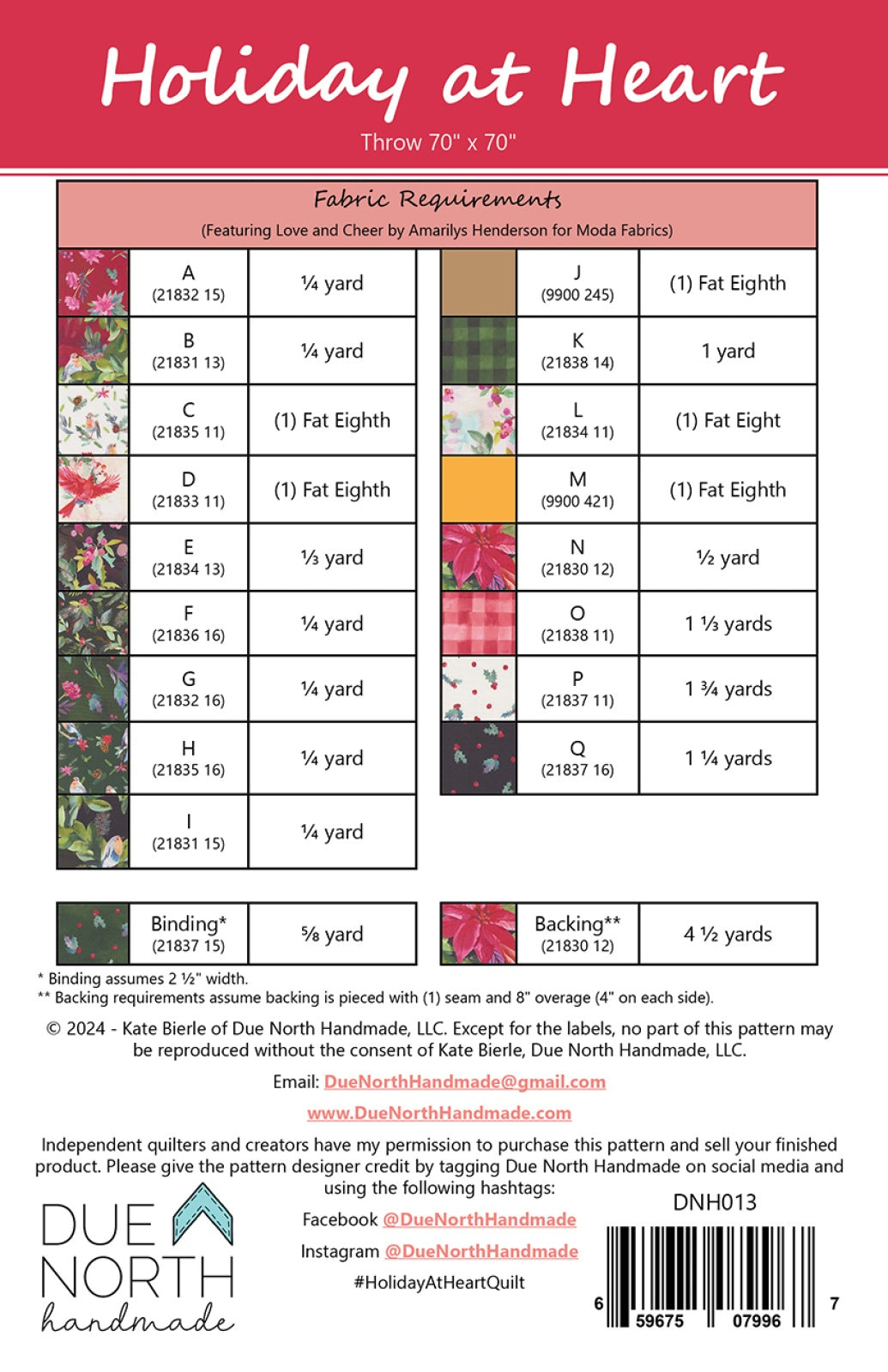 Back of the Holiday at Heart Quilt Pattern by Due North Handmade LLC