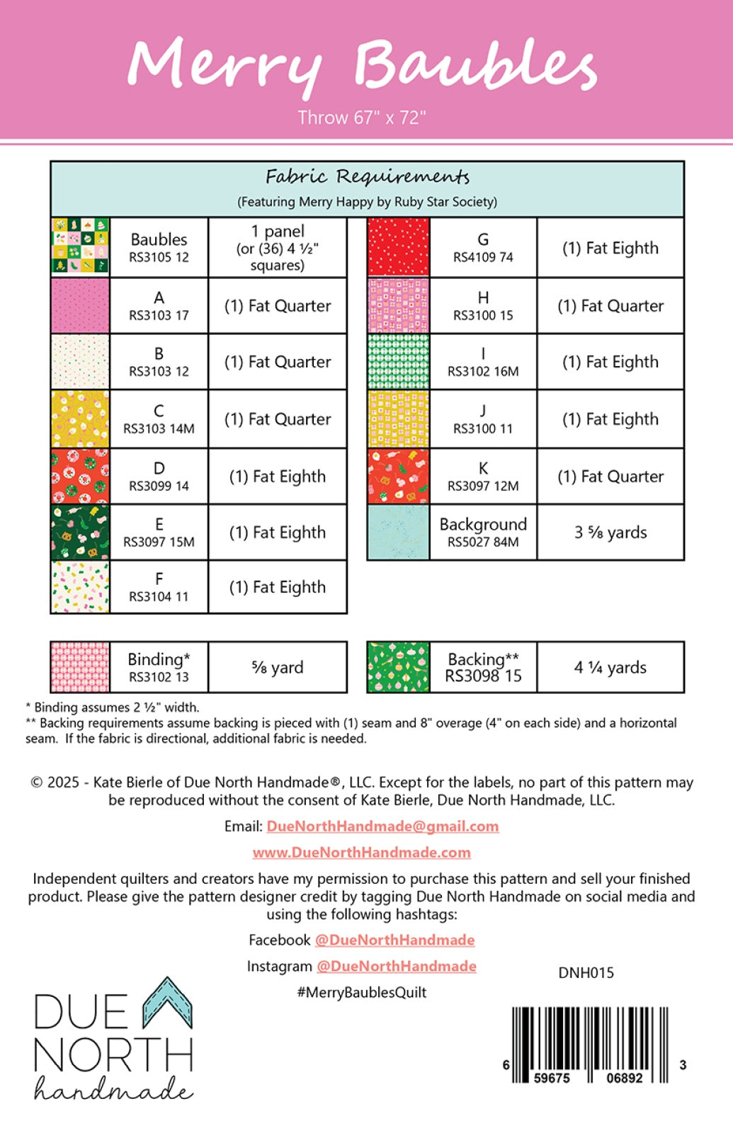 Back of the Merry Baubles Quilt Pattern by Due North Handmade LLC