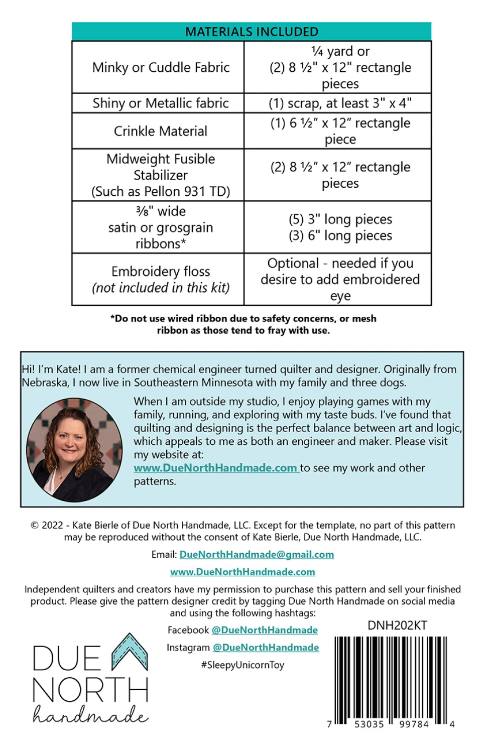 Back of the Sleepy Unicorn Crinkle Toy Kit by Due North Handmade LLC