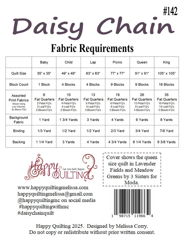 Back of the Daisy Chain Downloadable Pattern by Happy Quilting Melissa Corry