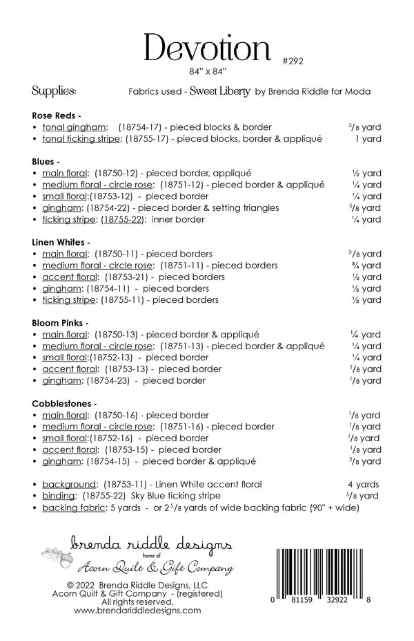 Back of hte Devotion Quilt Pattern by Brenda Riddle Designs