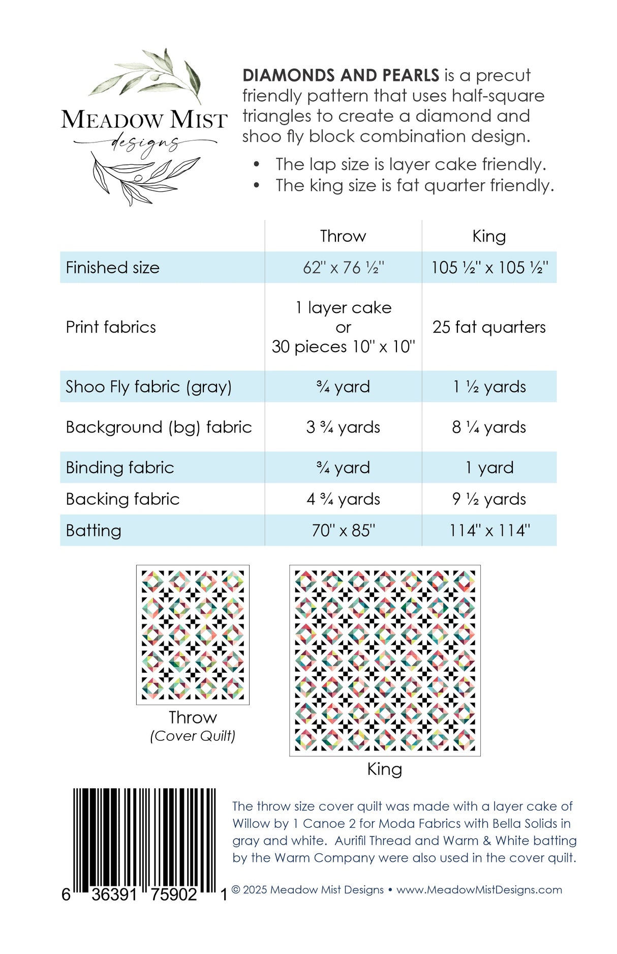 Back of the Diamonds and Pearls Downloadable Pattern by Meadow Mist Designs