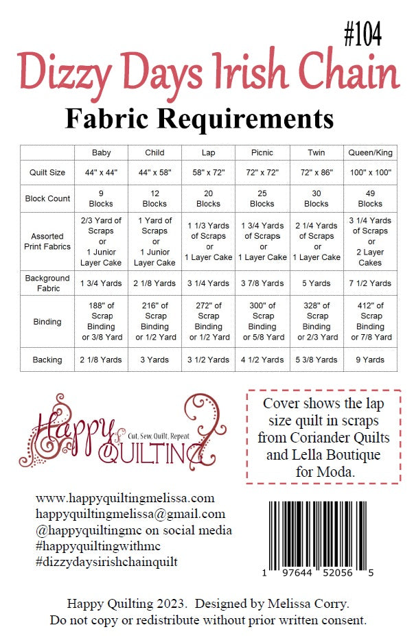 Back of the Dizzy Days Irish Chain Quilt Pattern by Happy Quilting Melissa Corry