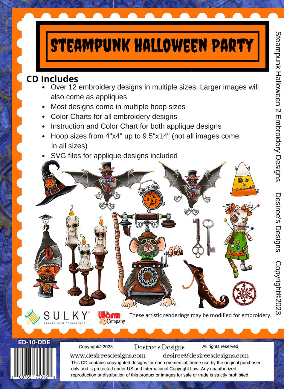 Back of the Steampunk Halloween Party Embroidery Pattern by Desirees Designs