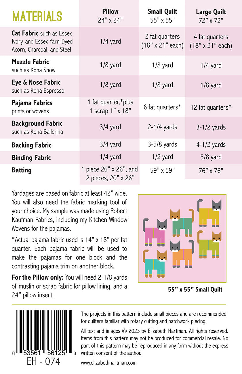Back of the Cats in Pajamas Quilt Pattern by Elizabeth Hartman