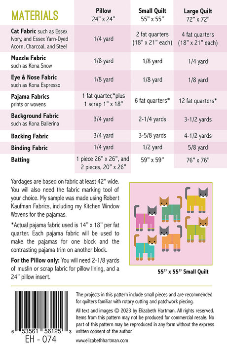 Back of the Cats in Pajamas Quilt Pattern by Elizabeth Hartman