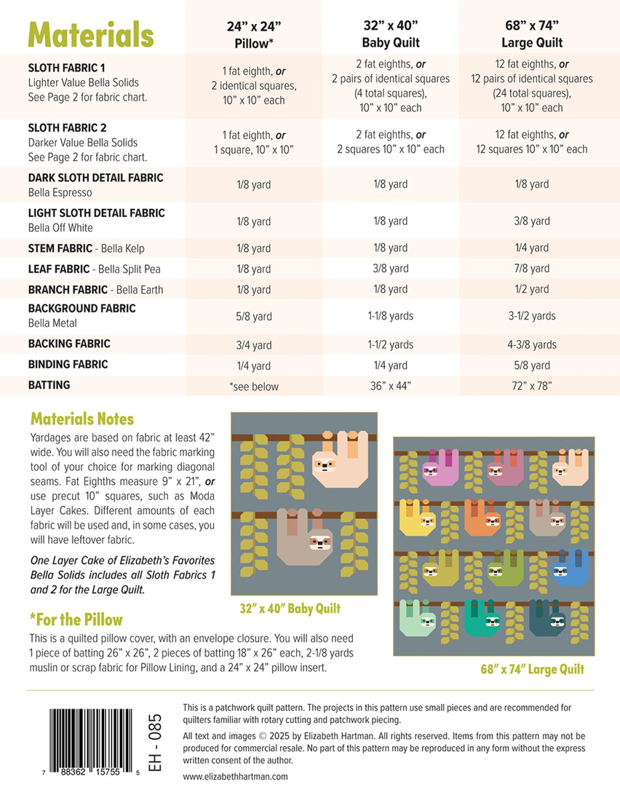 Back of the Snuggly Sloths Quilt Pattern by Elizabeth Hartman