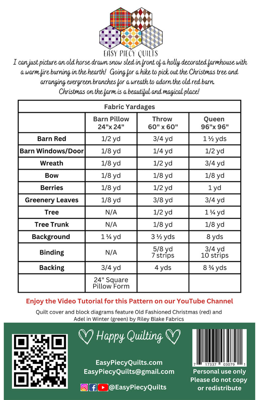 Back of the Christmas on the Farm Quilt Pattern by Easy Piecy Quilts LLC