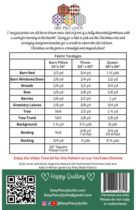 Back of the Christmas on the Farm Quilt Pattern by Easy Piecy Quilts LLC