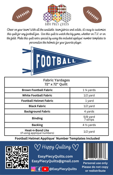 Back of the Team Football Quilt by Easy Piecy Quilts LLC