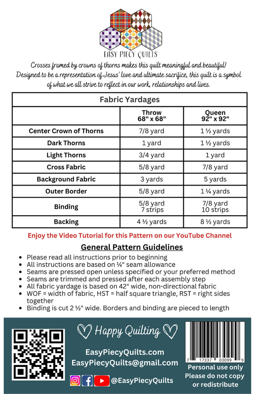 Back of the Rugged Cross Quilt Pattern by Easy Piecy Quilts LLC
