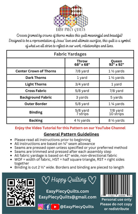 Back of the Rugged Cross Quilt Pattern by Easy Piecy Quilts LLC