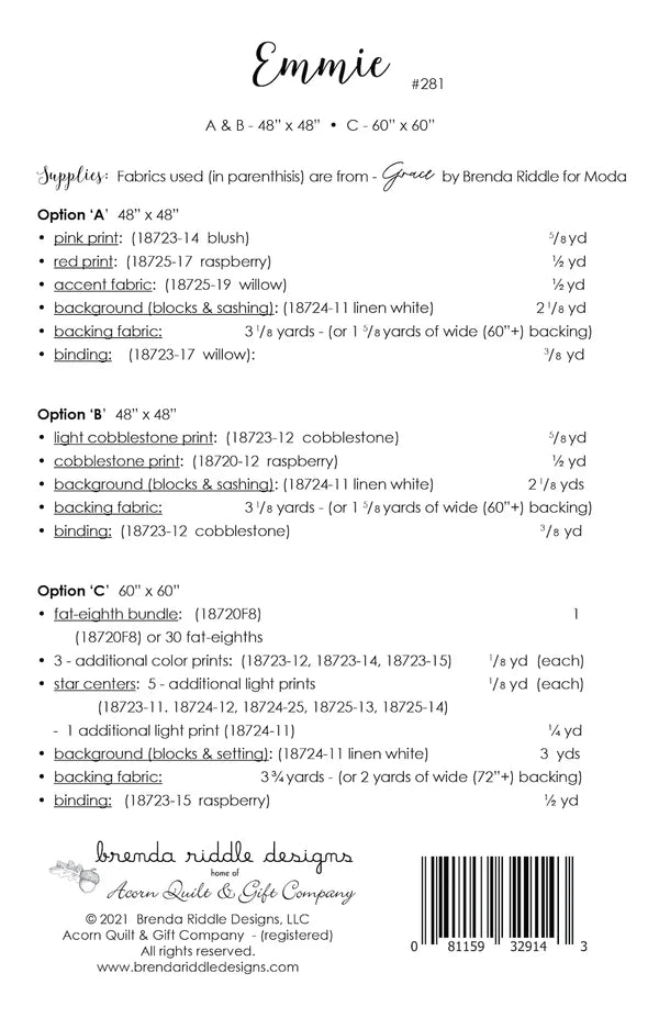 Back of the Emmie Quilt Pattern by Brenda Riddle Designs