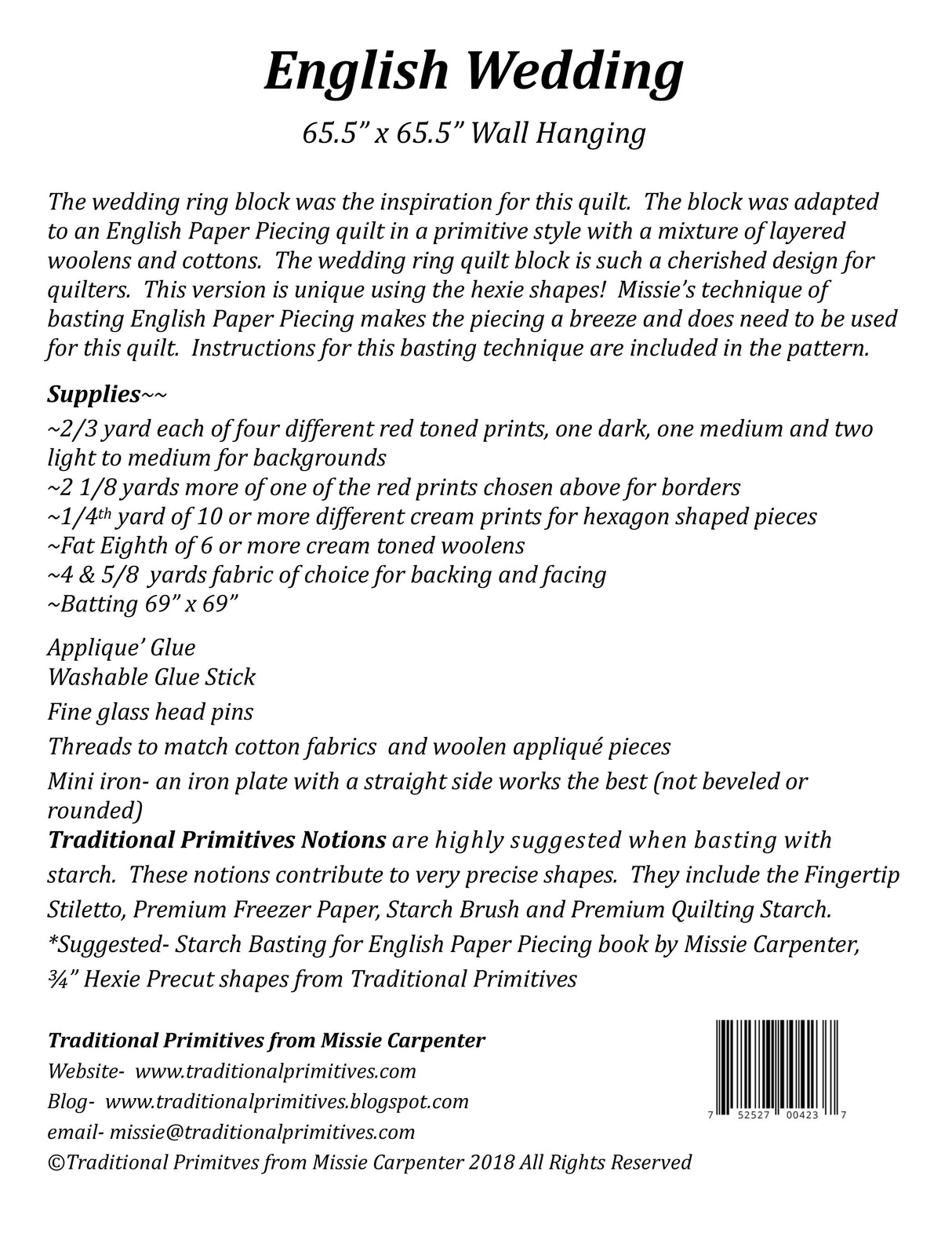 Back of the English Wedding Quilt Pattern by Traditional Primitives