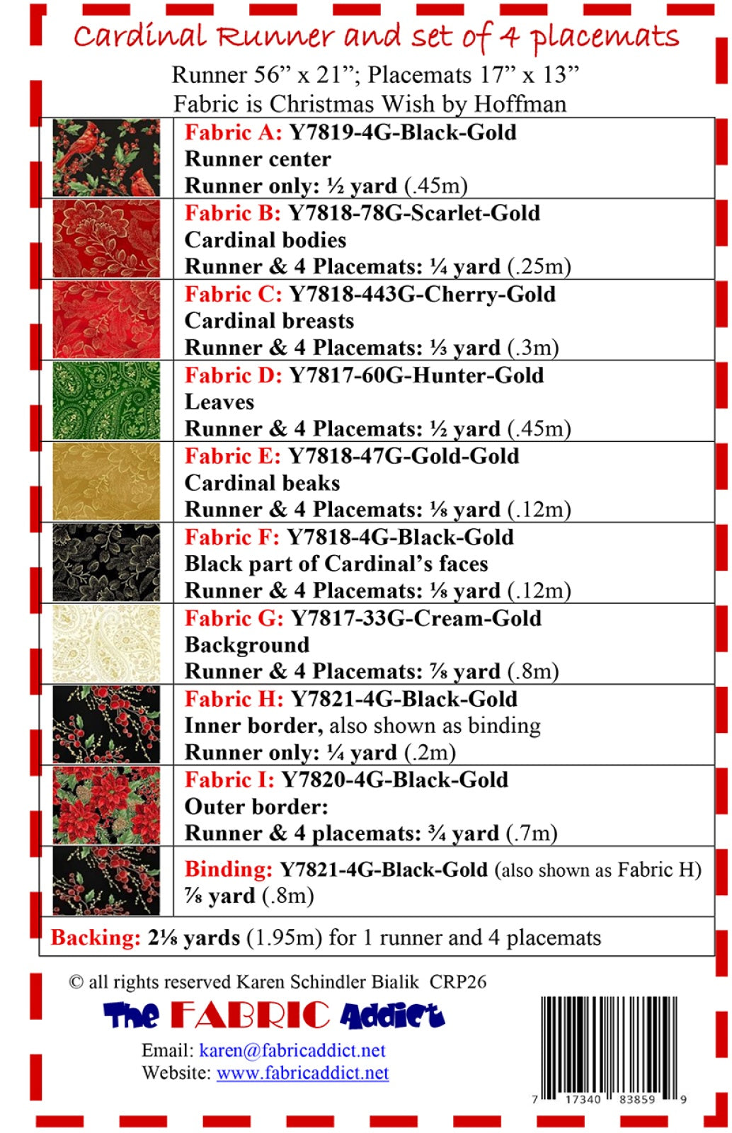 Back of the Cardinal Runner and 4 Placemats Quilt Pattern by Fabric Addict