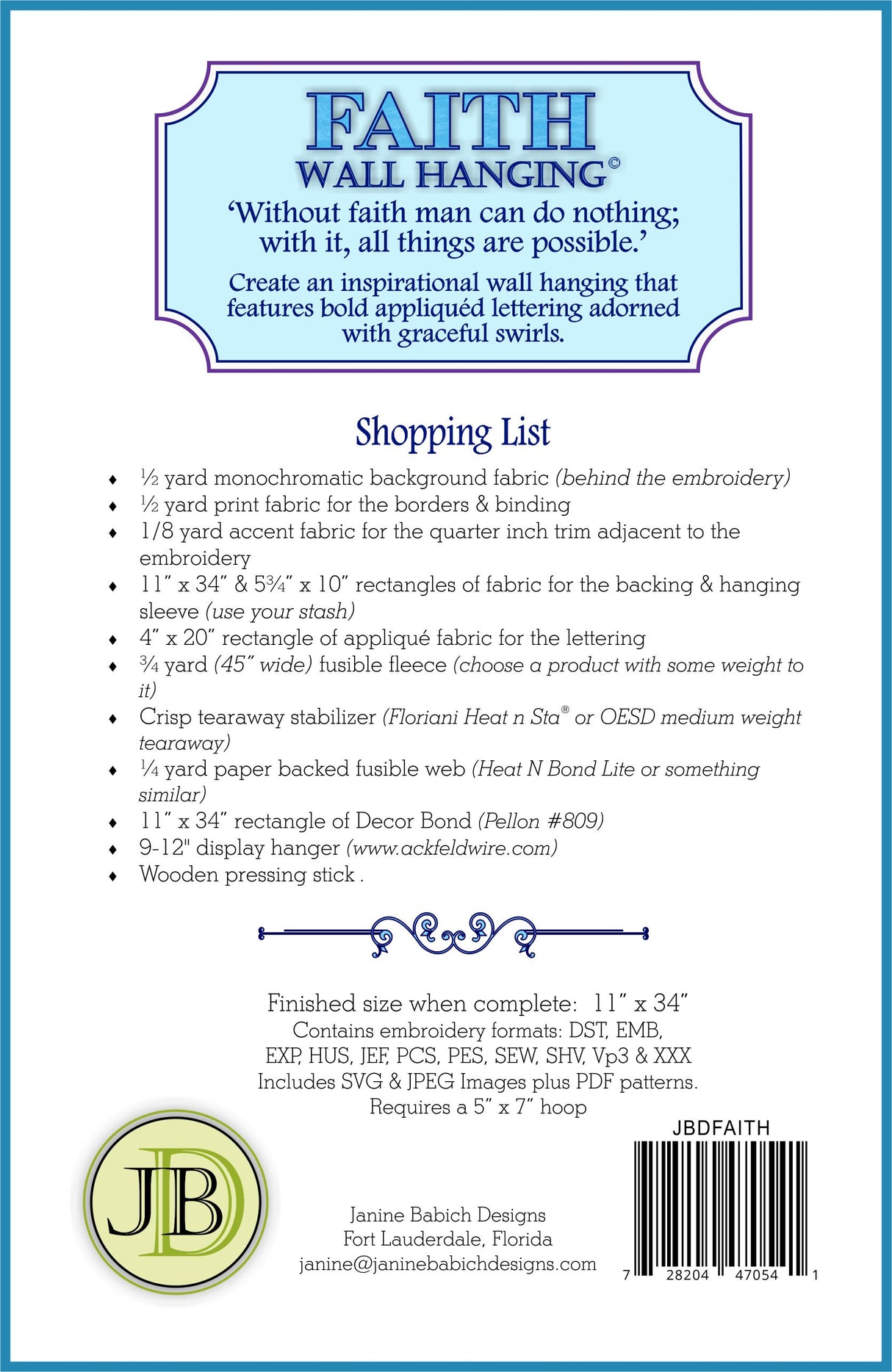 Back of the Faith Wall Hanging Downloadable Pattern by Janine Babich Designs