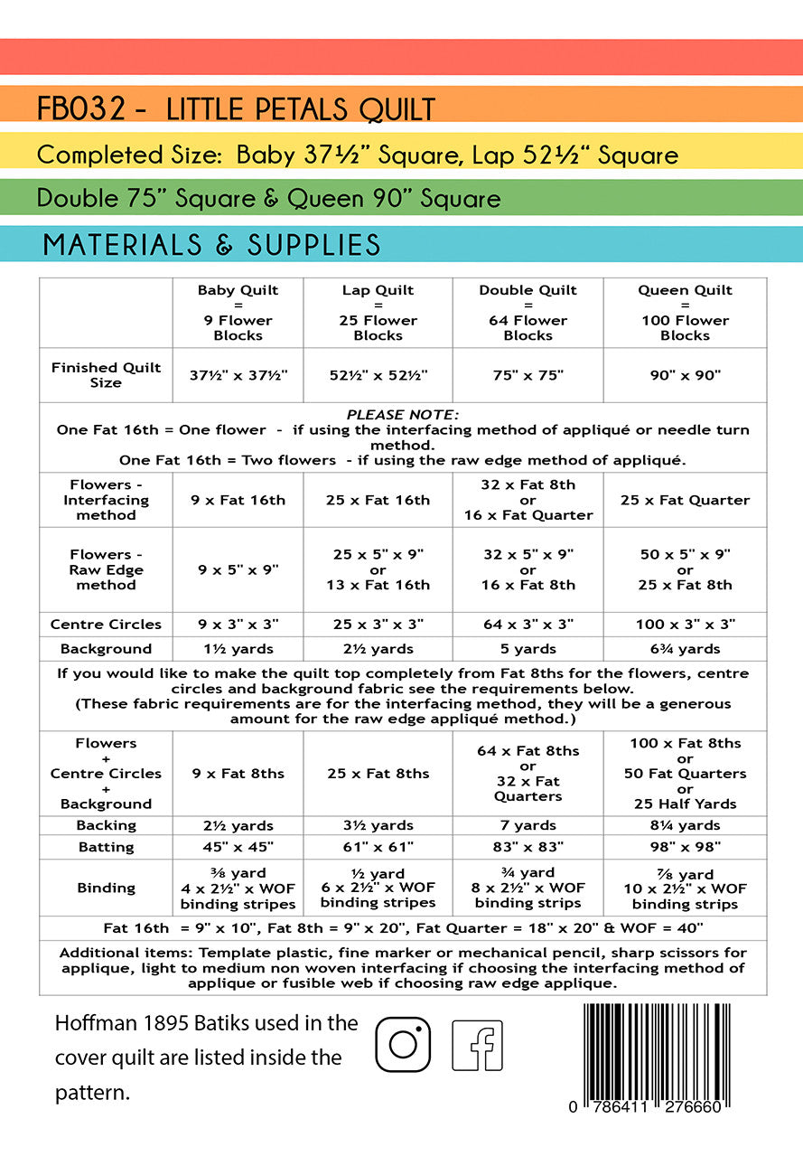 Back of the The Little Petals Quilt Pattern by Free Bird Quilting Designs