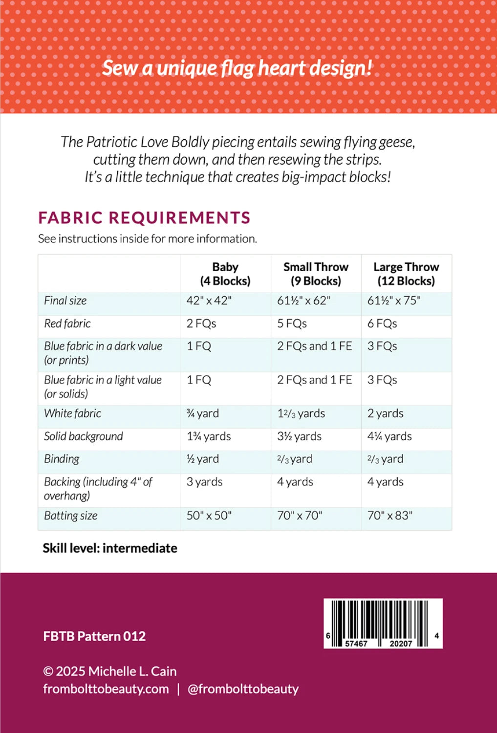 Back of the Patriotic Love Boldly Quilt Pattern by From Bolt to Beauty