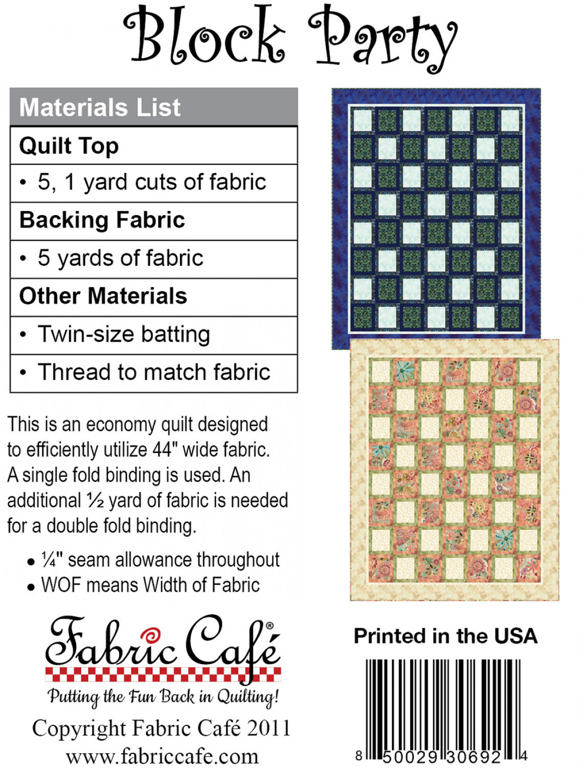 Back of the Block Party 5-Yard Quilt Pattern by Fabric Cafe