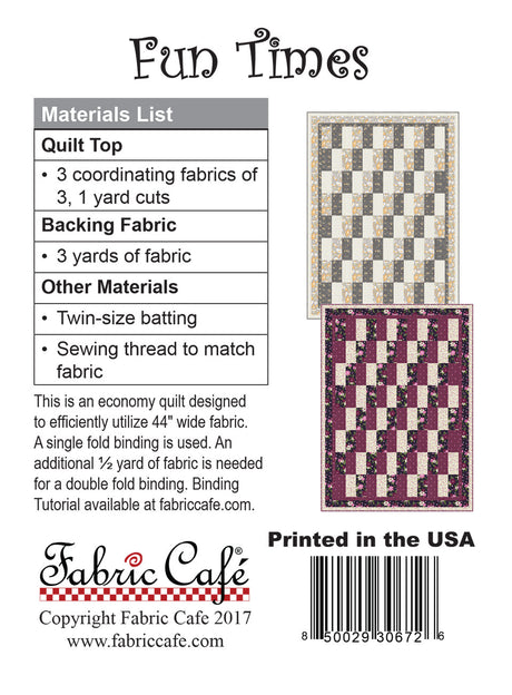 Back of the Fun Times Individual Pattern by Fabric Cafe