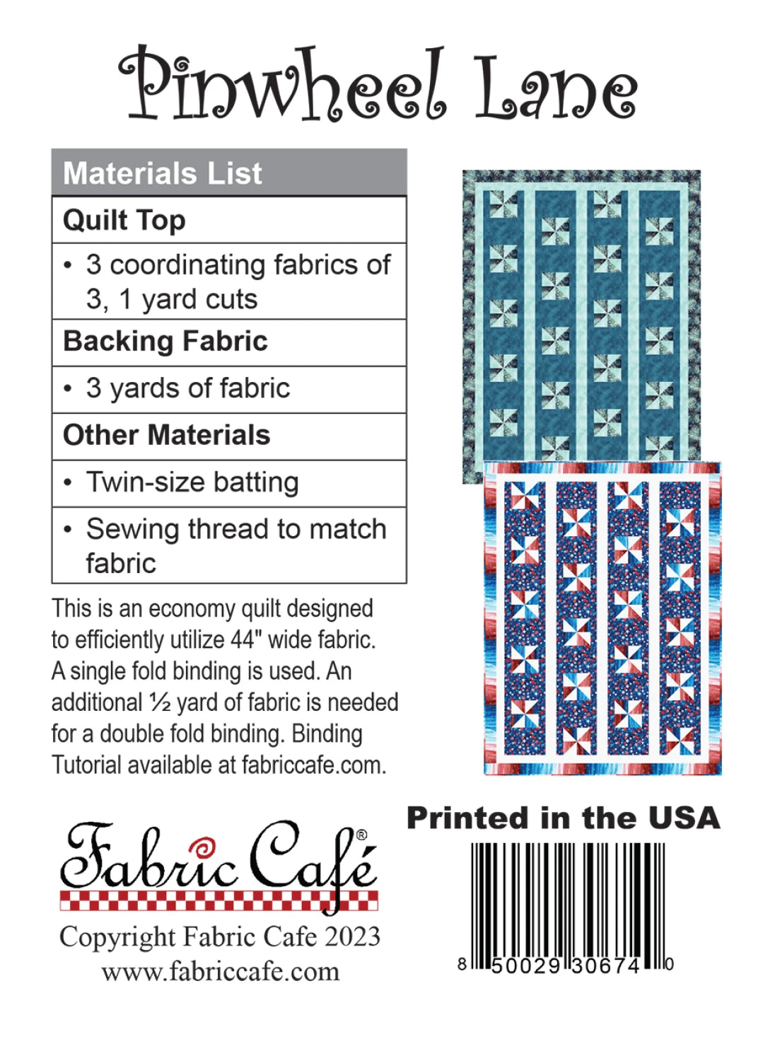 Back of the Pinwheel Lane Quilt Pattern by Fabric Cafe