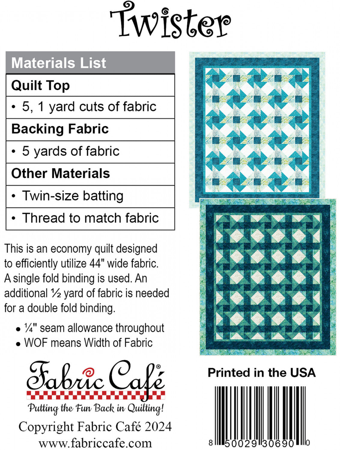 Back of the Twister 5-Yard Quilt Pattern by Fabric Cafe