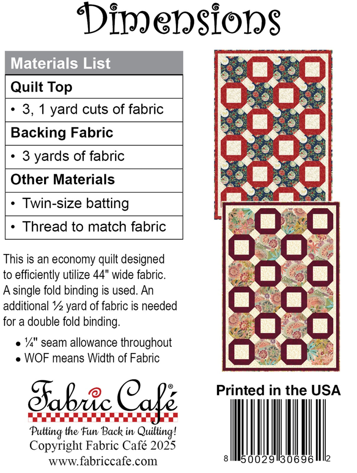 Back of the Dimensions 3-Yard Quilt Pattern by Fabric Cafe