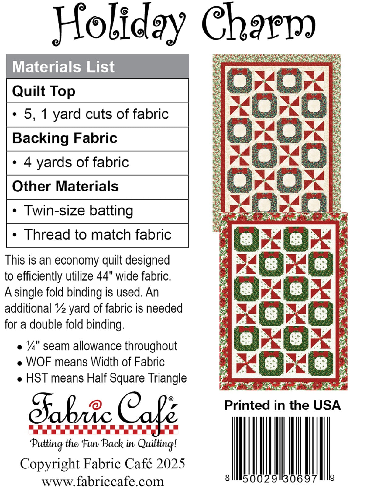 Back of the Holiday Charm 5-Yard Quilt Pattern by Fabric Cafe