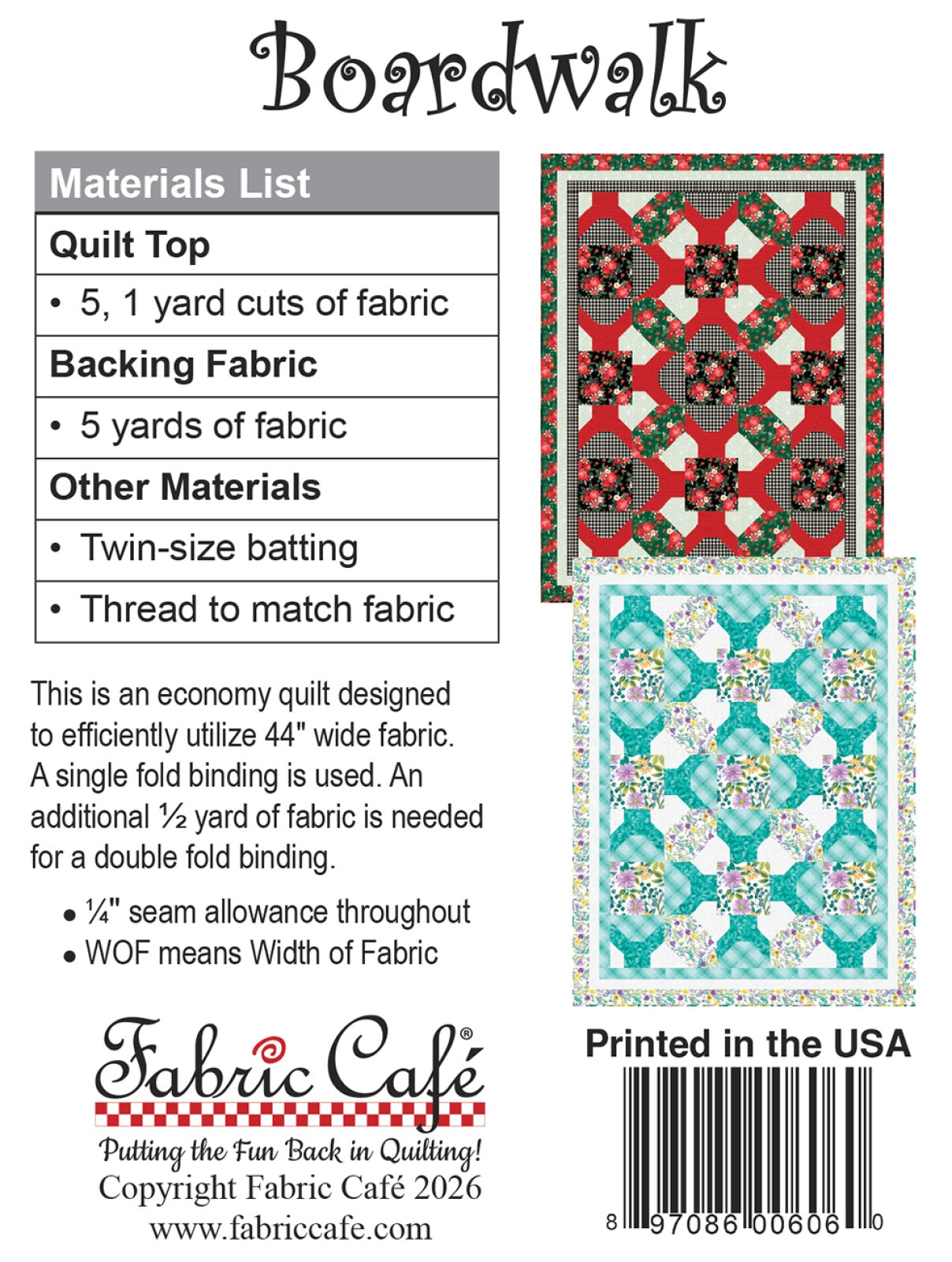 Back of the Boardwalk Individual 5-Yard Pattern Quilt Pattern by Fabric Cafe
