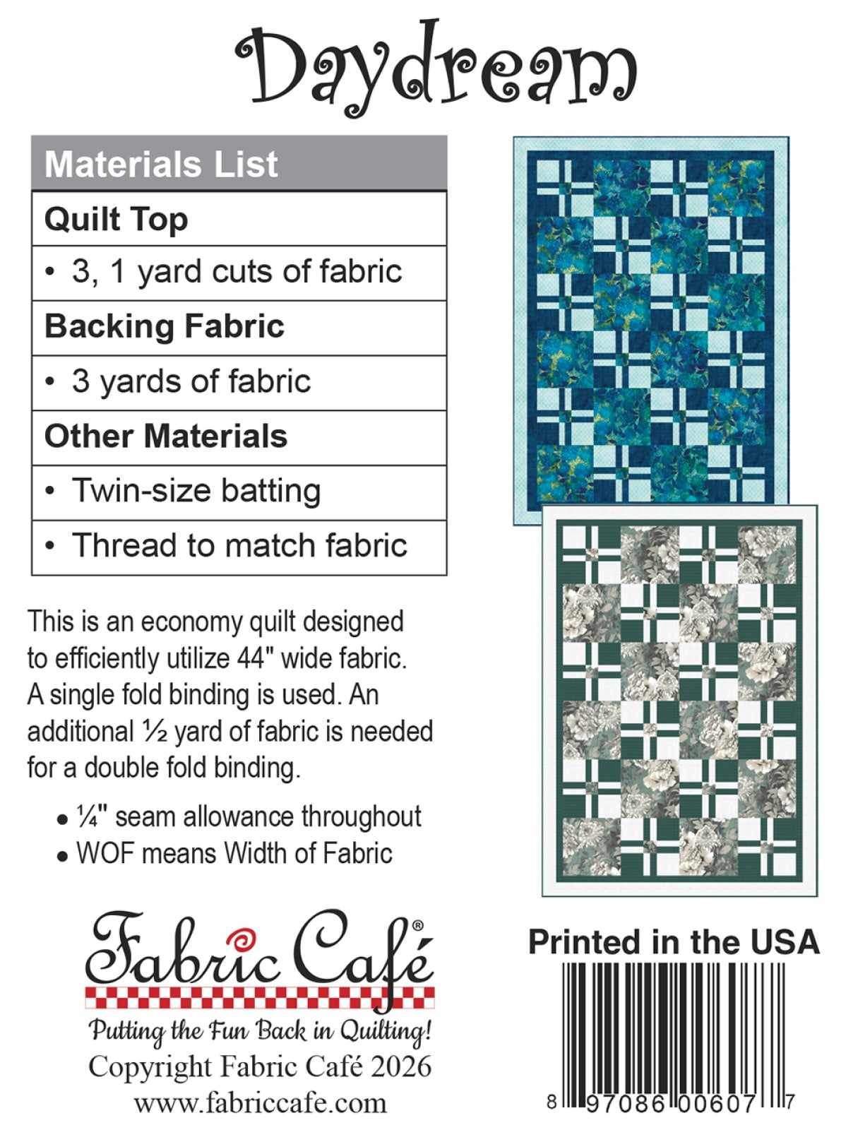 Back of the Daydream Individual 3-Yard Pattern Quilt Pattern by Fabric Cafe