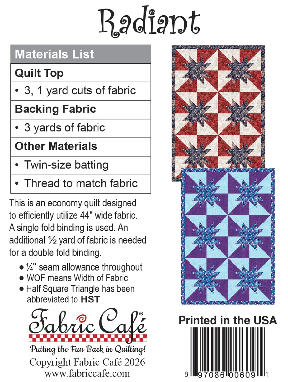 Back of the Radiant Individual 3-Yard Pattern Quilt Pattern by Fabric Cafe