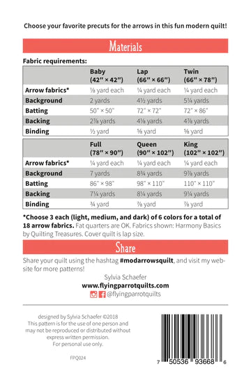 Back of the Mod Arrows Quilt Pattern by Flying Parrot Quilts