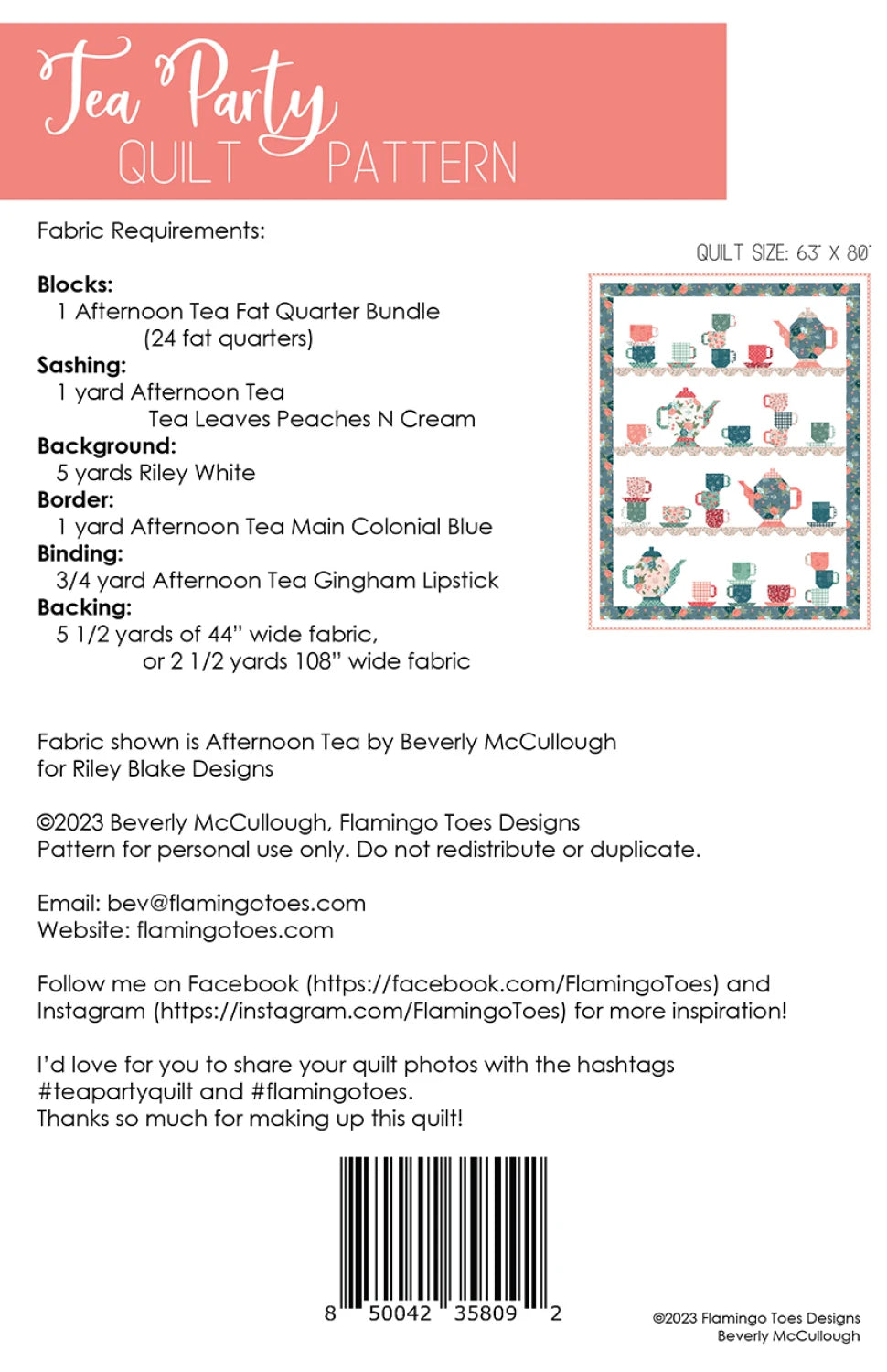 Back of the Tea Party Quilt Pattern by Flamingo Toes