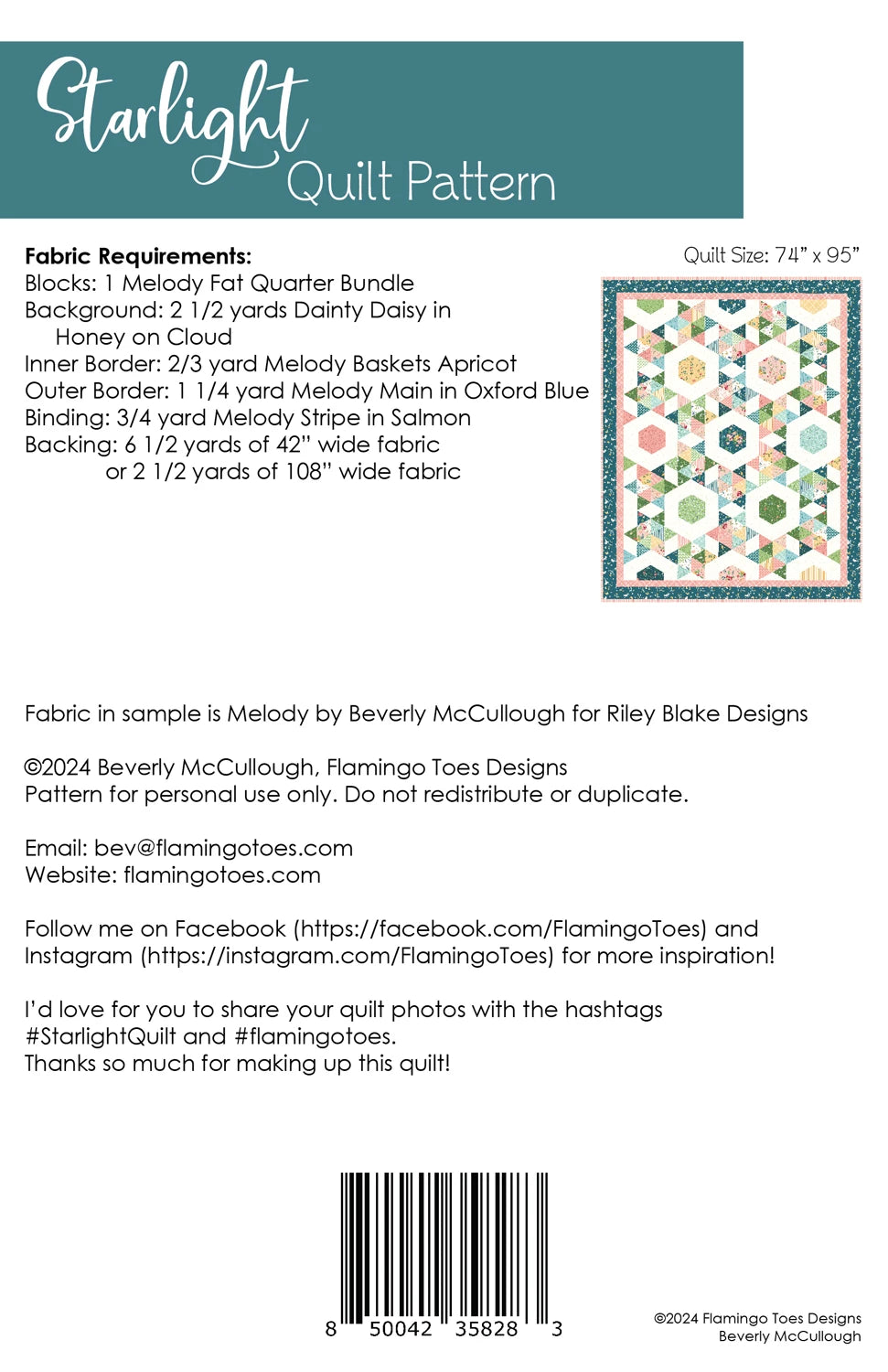 Back of the Starlight Quilt Pattern by Flamingo Toes