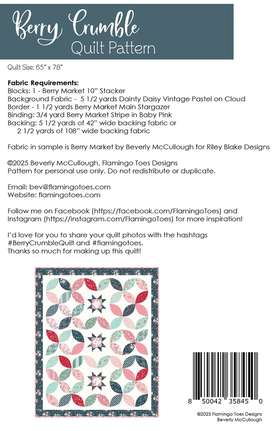 Back of the Berry Crumble Quilt Pattern by Flamingo Toes