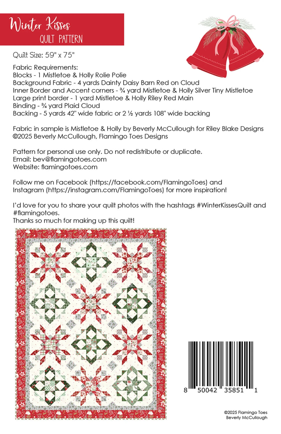 Back of the Winter Kisses Quilt Pattern by Flamingo Toes