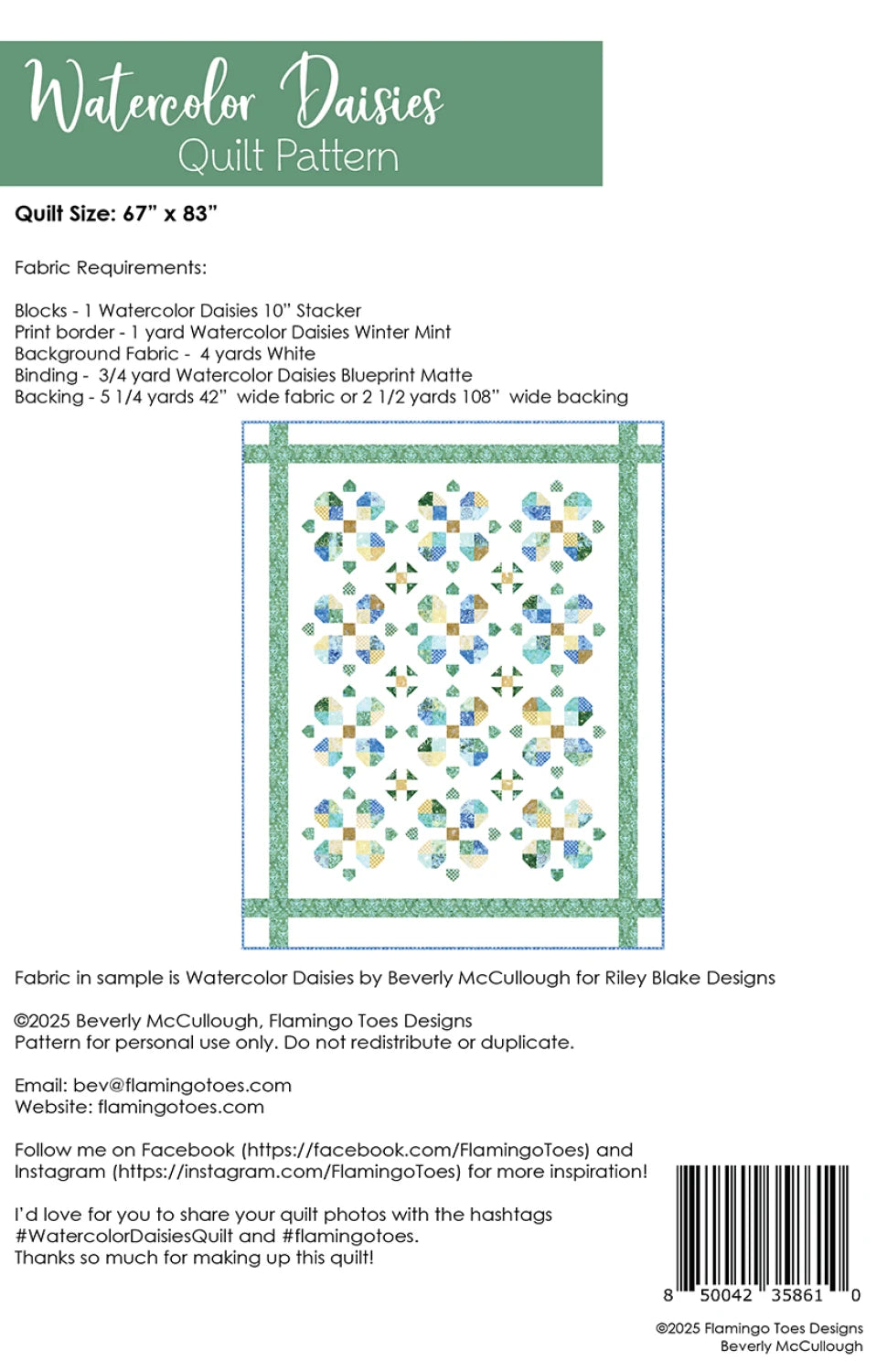 Back of the Watercolor Daisies Quilt Pattern by Flamingo Toes