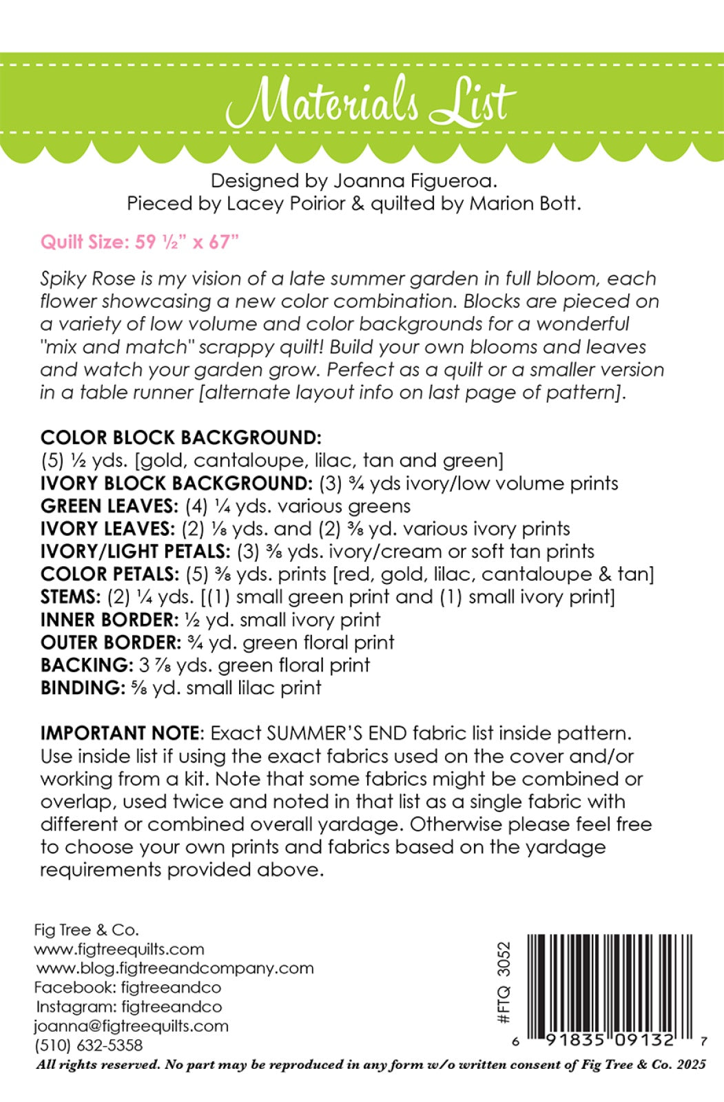 Back of the Spiky Rose Quilt Pattern by Fig Tree Quilts